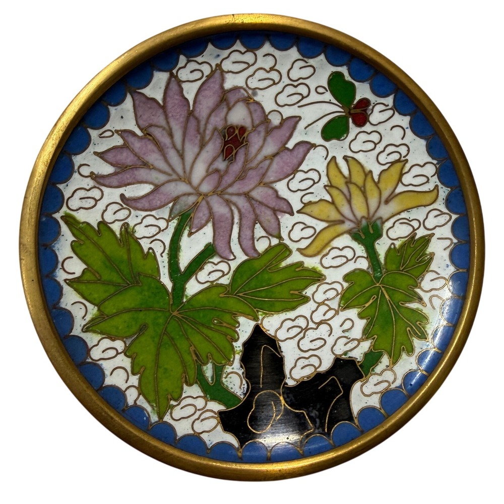Vintage Chinese Cloisonne Enamel Miniature Plate Pink Lotus Butterfly 2.5"